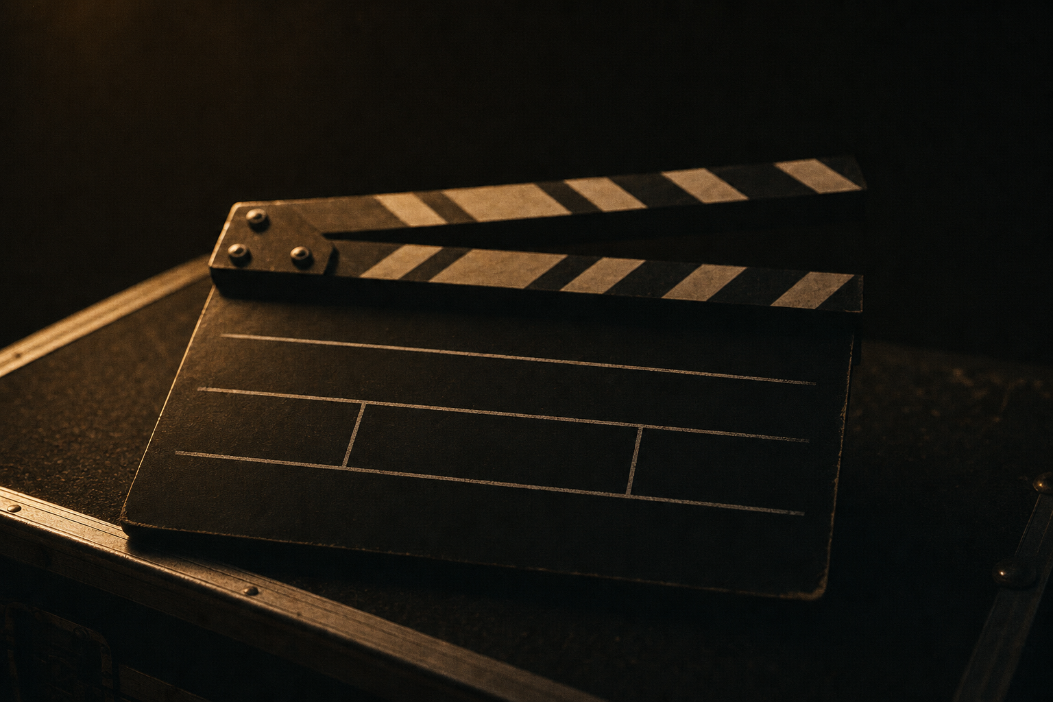 A film clapperboard on a dark equipment case, lit with warm directional light