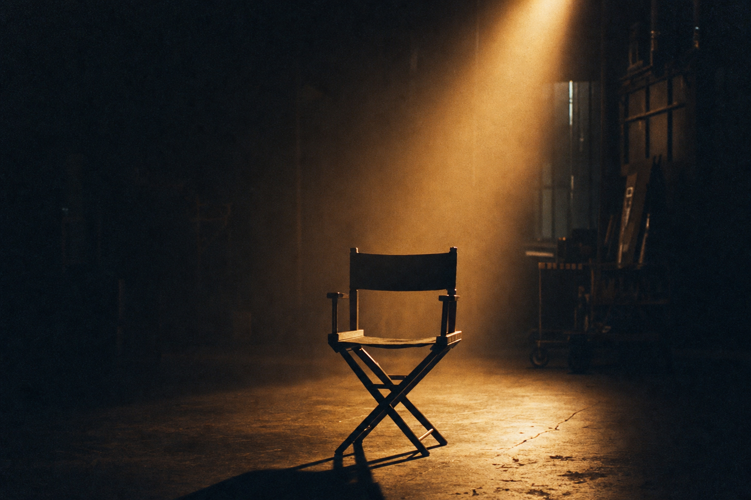 An empty director's chair on a dark soundstage bathed in a single beam of warm light