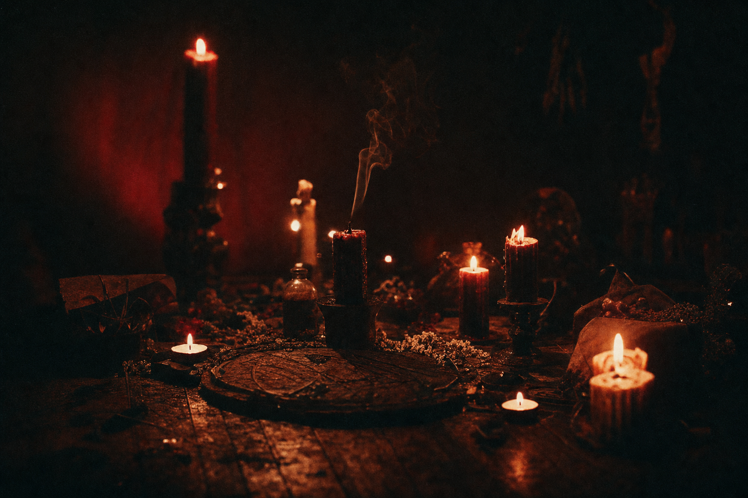 Candles and ritual elements on a dark wooden surface, atmospheric horror mood