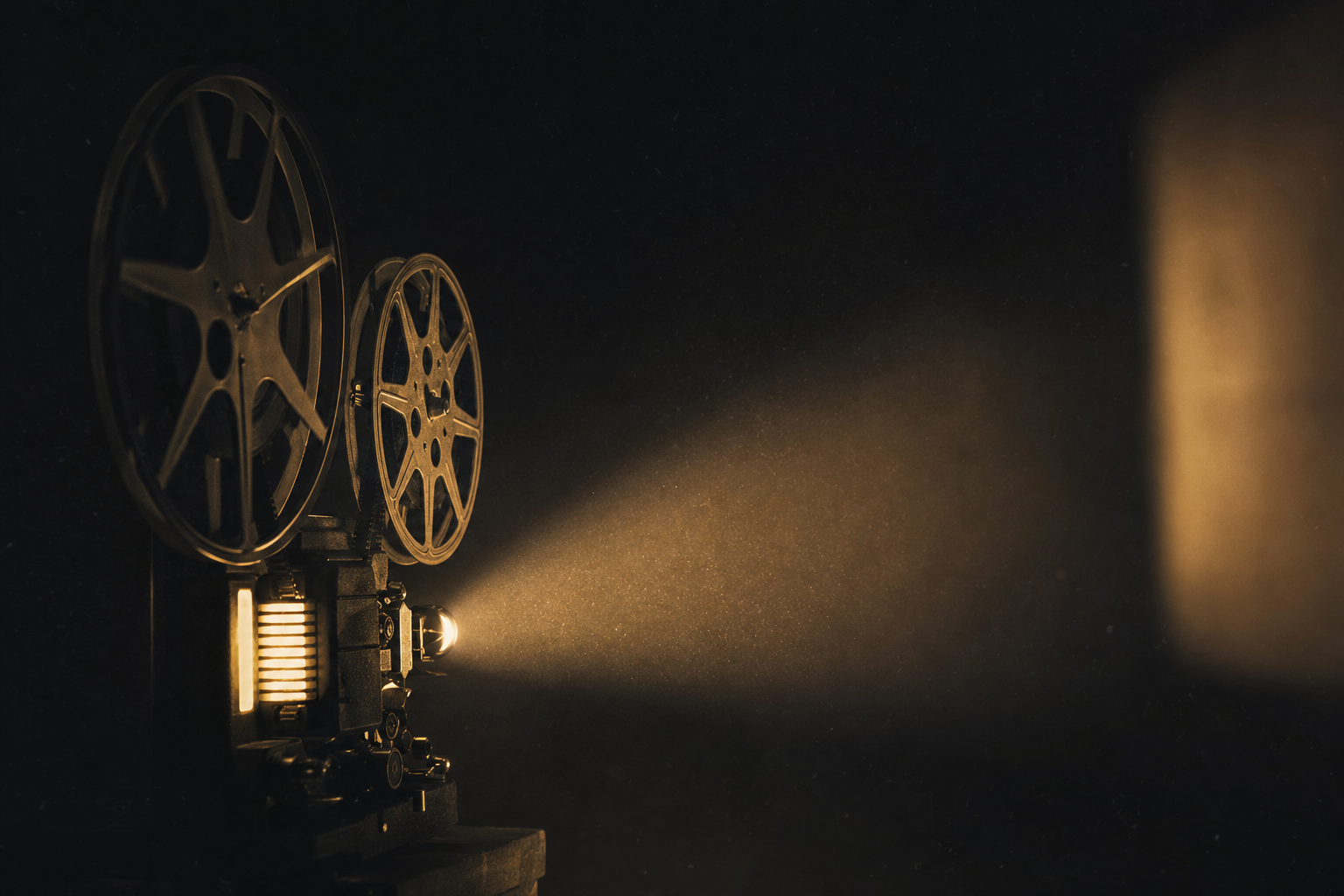 A vintage film projector casting a beam of light through darkness